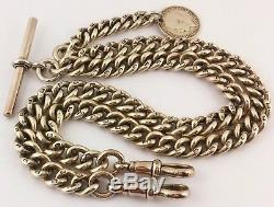 Long Heavy Antique Solid Silver Double Albert Pocket Watch Chain W Coin/fob