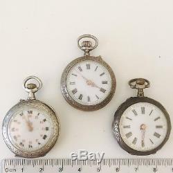 Lot Of 3 Antique Silver Pocket Watch Lapel 0-6s Enamel Engraved Tricolour
