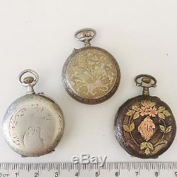 Lot Of 3 Antique Silver Pocket Watch Lapel 0-6s Enamel Engraved Tricolour