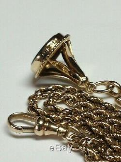Men's Antique Victorian 10k Gold Double Pocket Watch Chain, 14k Blood Stone Fob