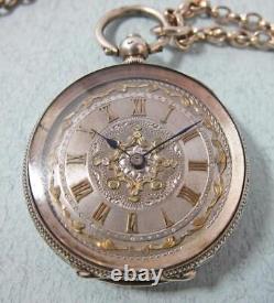 Most Beautiful Antique Silver & Gold Faced Silver Pocket Watch & Chain Working