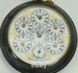 Most unique antique gunmetal&enamel WORLD TIME traveler's 6 time zones watch