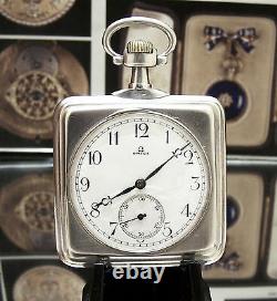 Museum Antique C1908 Omega Bobsleigh Solid Silver Square Pocket Watch Rare Hand