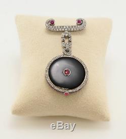 Platinum CARTIER Antique Belle Epoque Diamonds Ruby Cabochon Pocket Lapel Watch
