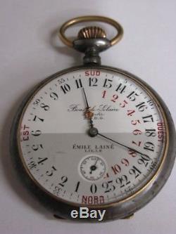 RARE montre Boussole Solaire Emile Lainé Antique compass pocket watch 24h Uhr