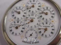RARE montre à 6 fuseaux horaires Antique multi time zones pocket watch Uhr Reloj