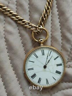 Rare Antique Cylindre 10 Rubis 18k Gold Pocket Watch With Chain