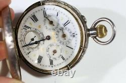 Rare Antique Silver Triple Dial Pocket Watch Calendar Aa5