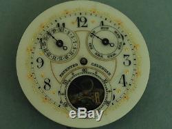 Rare Antique Triple Date Day Moon Phase Pocket Watch Movement withMulti Color Dial
