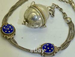 Rare antique French LeRoy silver ball shape Verge Fusee pocket watch&enamel fob