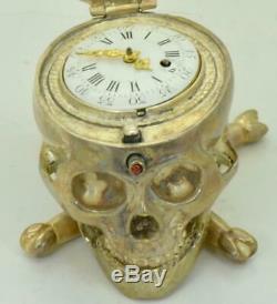 Rare antique French Memento Mori smiling Skull Verge Fusee pocket watch+stand