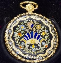 Rare antique French Souriau a Paris 18k gold&enamel pocket watch&box. FOR REPAIR