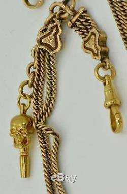 Rare antique Victorian 14K solid GOLD pocket watch chain with Skull Key fob