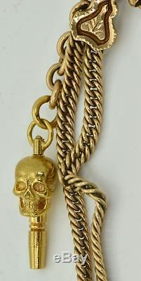 Rare antique Victorian 14K solid GOLD pocket watch chain with Skull Key fob