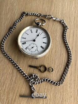Silver c1890 Pocket Watch And Albert Chain Working HAPPY CHRISTMAS