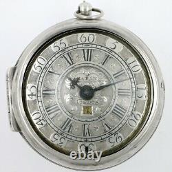 Silver pair cases, verge calendar pocket watch, champleve dial London, c1700