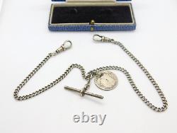 Sterling Silver Double Albert Watch Chain with George III Coin Fob Antique 1928