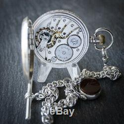 Sterling Silver Rolex Half Hunter Pocket Watch with Albert Chain + Case