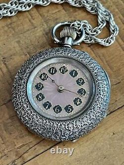 Stunning Antique Ornate Pocket Fob watch Victorian solid silver + chain c1900