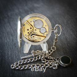 Stunning Omega Open Faced Pocket Watch + Solid Sterling Silver Antique Chain