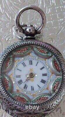 Stunning Silver Antique Ladies Pocket Watch Emerald + Ruby Chips & Gold Gilt