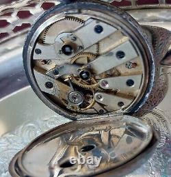 Stunning Silver Antique Ladies Pocket Watch Emerald + Ruby Chips & Gold Gilt