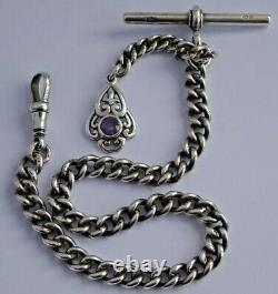 Stunning antique solid silver pocket watch albert chain with silver & amethyst fob