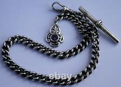 Stunning antique solid silver pocket watch albert chain with silver & amethyst fob