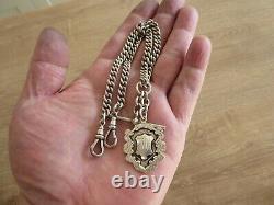 Superb Antique Solid Sterling Silver Double Albert Pocket Watch Chain With Fob