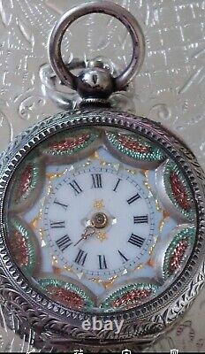 UNIQUE RARE Vintage Sterling Silver Swiss Pocket Watch Precious Stone Chips WOW