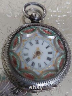 UNIQUE RARE Vintage Sterling Silver Swiss Pocket Watch Precious Stone Chips WOW