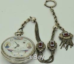 UNIQUE antique French Napoleon I era silver&Enamel Verge Fusee watch&chain fob
