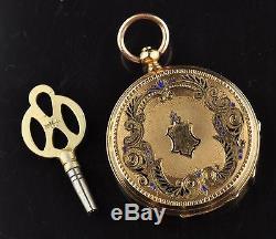 VACHERON GENEVE Antique small women pocket gold watch, blue enamel 34mm