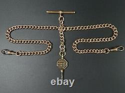 Victorian Antique 9 Ct Rose Gold Double Clip Pocket Watch Alber Chain & Key 42 G