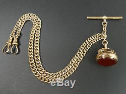 Victorian Antique 9 Ct Rose Gold Double Clip Pocket Watch Albert Chain & Fob
