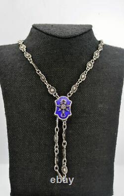 Victorian Sterling Silver Blue Enamel Rose Cut Diamond Pocket Watch Slide Chain