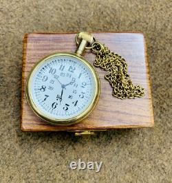Vintage Brass Pocket Watch with Wooden Box Antique Men Women Gift Set of 5 Pcs
