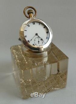 Vtg 1905 John Grinsell & Sons Solid Silver Cut Glass Inkwell Cyma Pocket Watch