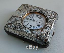 Vtg 1906 Art Nouveau Solid Silver Floral Desk Travel Goliath Pocket Watch Clock