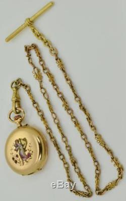 WOW! Antique 18k gold, enamel&diamonds LeCoultre caliber watch&gold chain. Ottoman