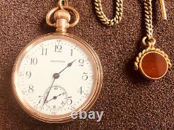 Waltham Model 1908 Open Face Pocket Watch with Vintage Chain and Antique Fob